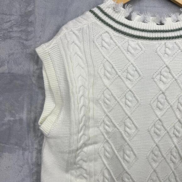 NWT Twist Ecru White Fringe Trim Cable Knit Sweater Sz S Unisex Sleeveless Y2K - Picture 9 of 10